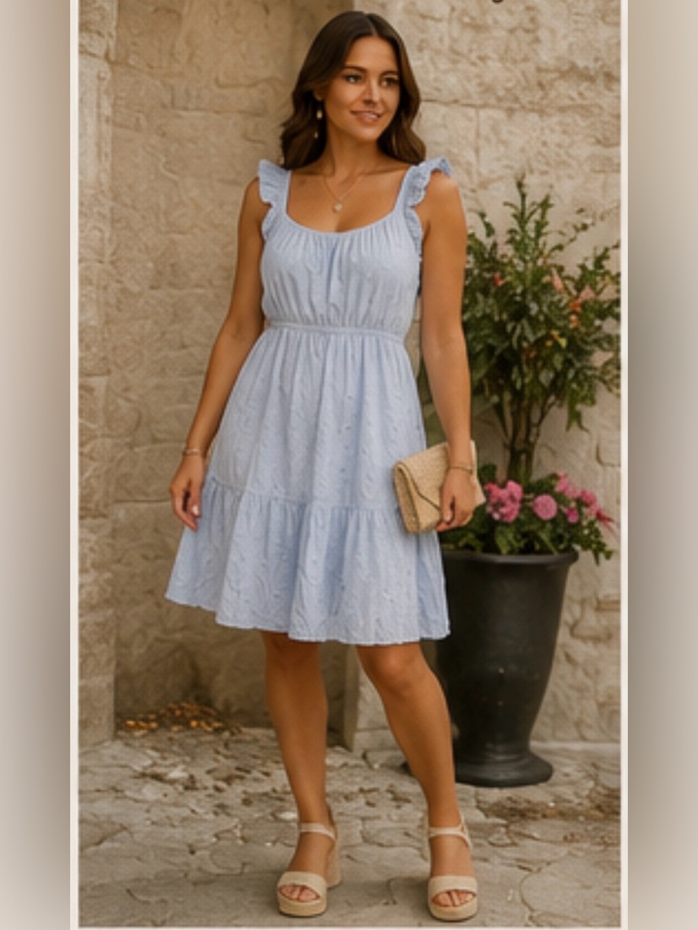 Harlow & Rose Blue Eyelet Cotton Sundress Ruffle Strap Tiered Dress M
